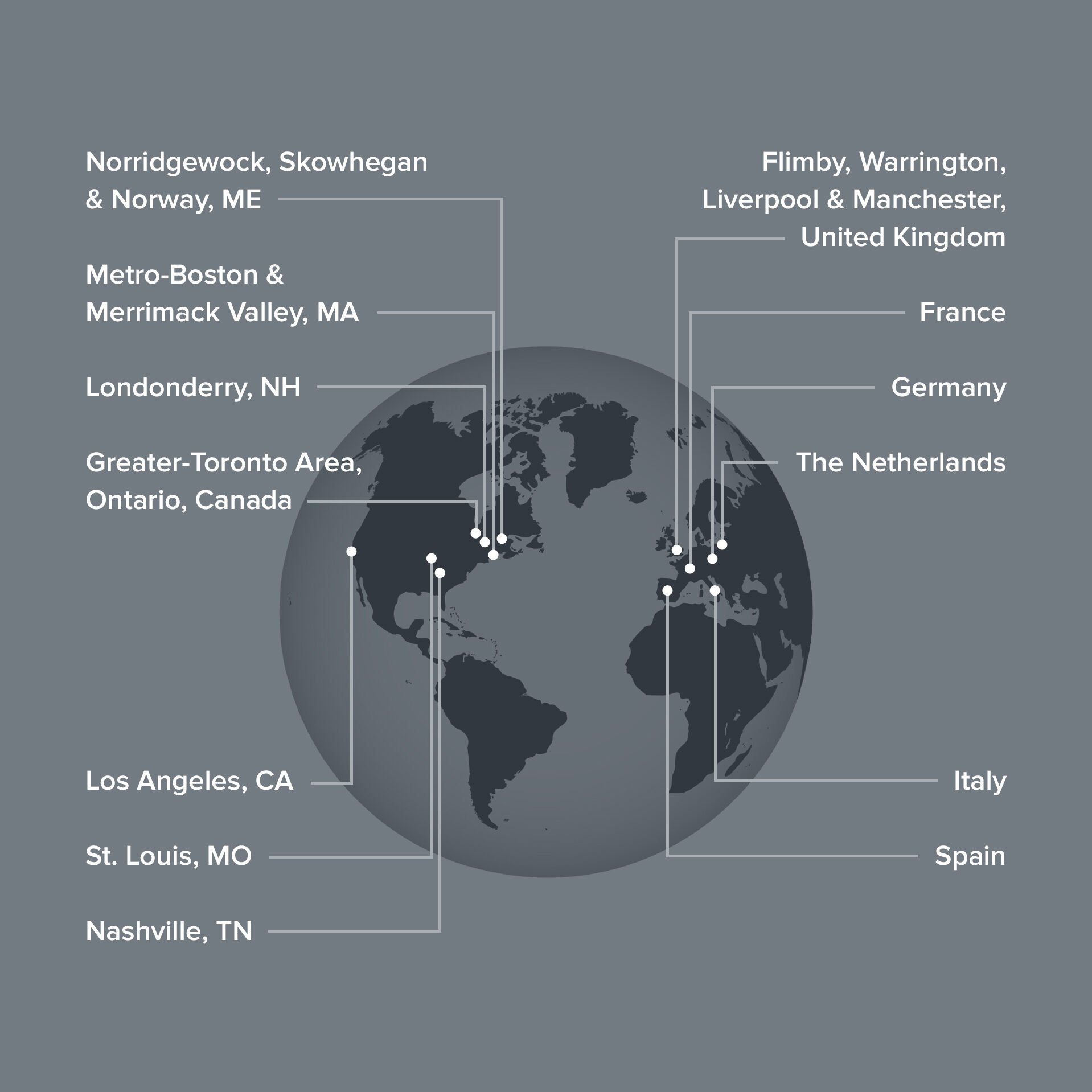 A map that shows the geographies where New Balance Foundation provides grants and includes the United States, Canada, United Kingdom and parts of Europe.